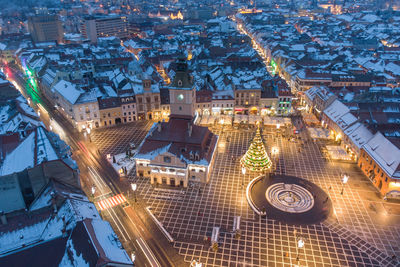 High angle view of city buildings at night