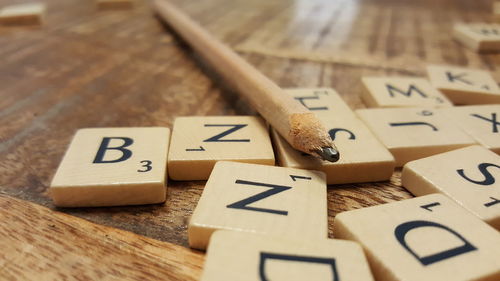 Close-up of alphabets on wooden blocks