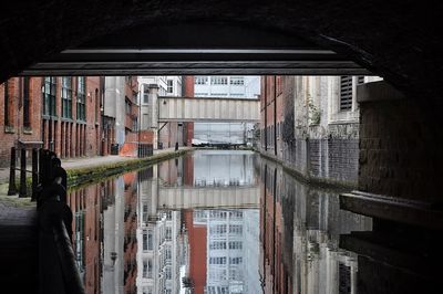 Reflection of footbridge in water