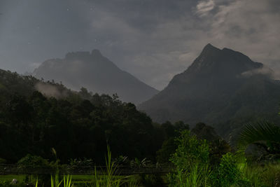 Scenic view of mountains against sky at night