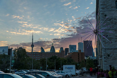 Panoramic view of city buildings against sky during sunset