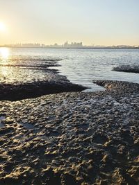 Scenic view of sea against clear sky during sunset