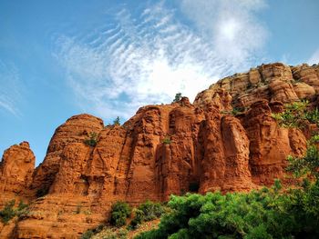 Low angle view of red rock formations against sky