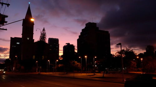 View of city lit up at night