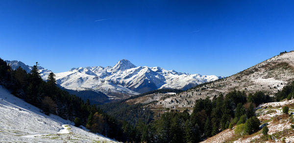 Scenic view of snowcapped mountains against clear blue sky