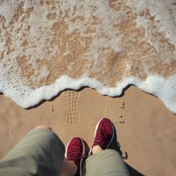 Low section of man standing on beach