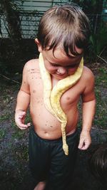 Boy lying on field