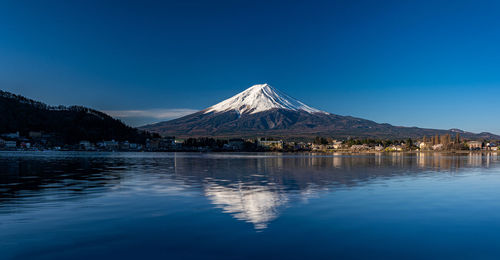 Scenic view of snowcapped mountain against blue sky