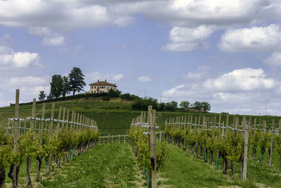 Built structure on landscape against sky