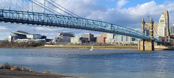 Bridge over river with buildings in background