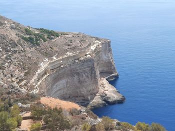 High angle view of rocks on sea shore