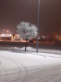 View of snow covered road at night