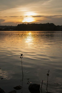 Scenic view of lake against sky during sunset