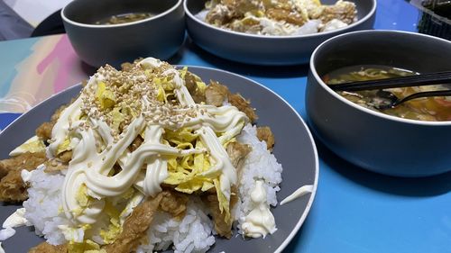 High angle view of food in bowl on table