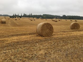 Hay bales on field against sky