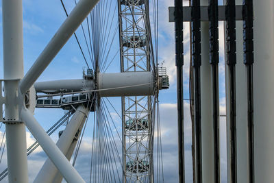 Electricity pylon on bridge against sky