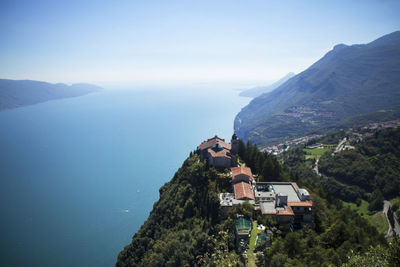 High angle view of houses by sea