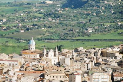 High angle view of buildings in town