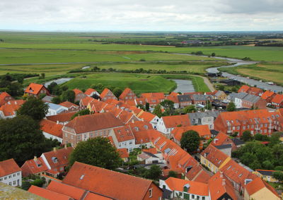 Aerial view of agricultural field against sky