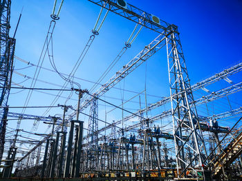 Substation against clear blue sky