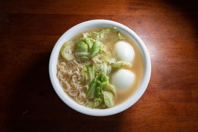 High angle view of soup in bowl on table