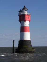 Lighthouse by sea against sky