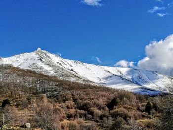 Scenic view of snowcapped mountains against blue sky