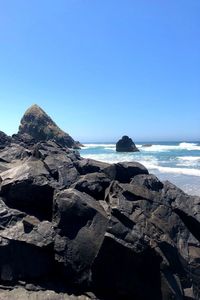 Scenic view of sea against clear blue sky