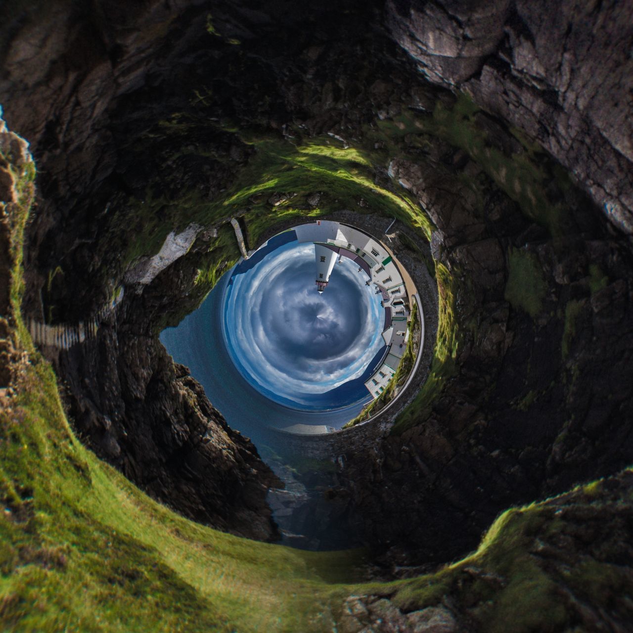 circle, shape, tree, geometric shape, nature, day, no people, outdoors, high angle view, land, water, plant, beauty in nature, green color, forest, environment, blue, hole, motion, digital composite, power in nature