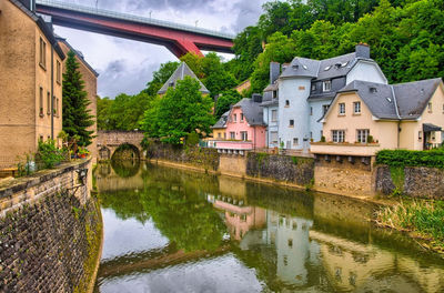 Arch bridge over river amidst buildings and trees