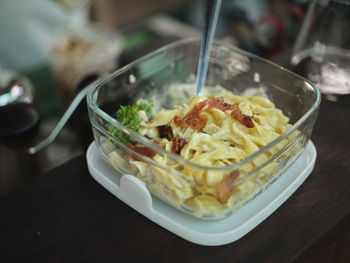 Close up view , homemade carbonara pasta