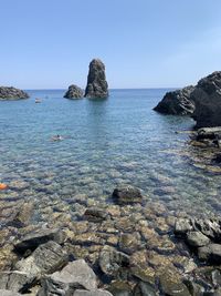 Scenic view of sea against clear blue sky