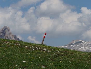 Low angle view of trail marker by alpine  field against sky