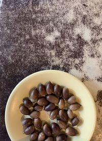 High angle view of coffee in bowl on table