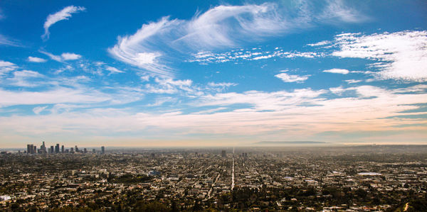 High angle view of buildings against sky