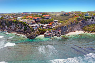 Aerial from suluban beach in uluwatu area on bali indonesia