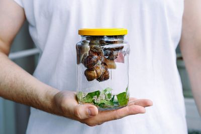 Midsection of man holding jar with snails in hands