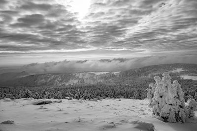 Scenic view of snow covered landscape against sky