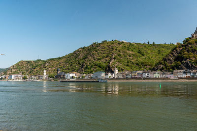 Scenic view of rhine river against clear blue sky