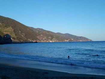 Scenic view of sea against clear blue sky