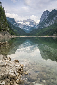 Scenic view of lake and mountains against sky