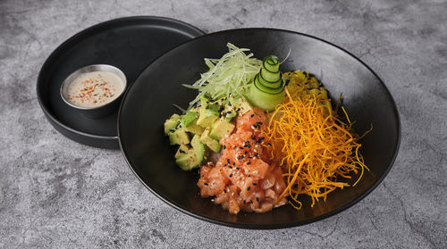 High angle view of food in plate on table