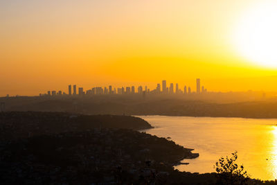 Silhouette buildings by sea against sky during sunset