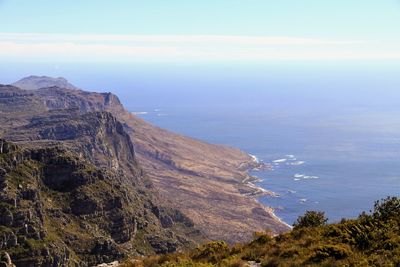 Scenic view of sea and mountains against sky