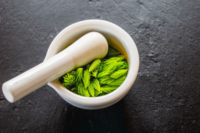 High angle view of soup in bowl on table