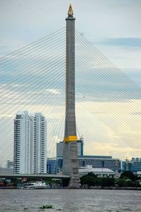 View of modern buildings against cloudy sky