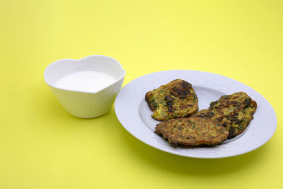 High angle view of breakfast on table