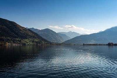 Scenic view of lake by mountains against sky