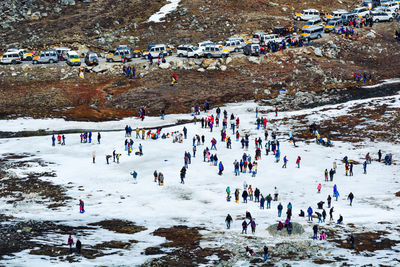 High angle view of people on snow covered landscape/indian tourist spot