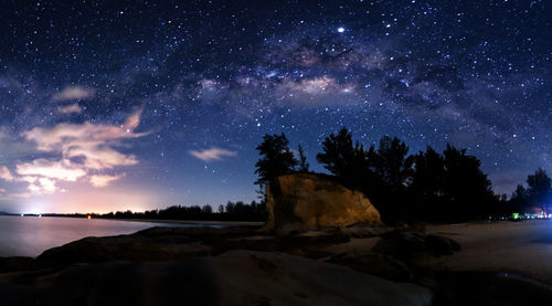 Scenic view of trees against sky at night